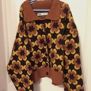 Zara 70's Orange Geometric Foral Print Knit Button Front Cardigan